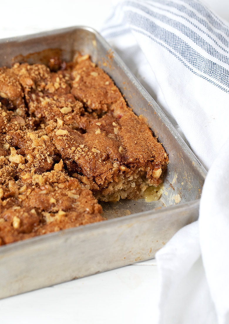 old fashioned rhubarb cake in pan