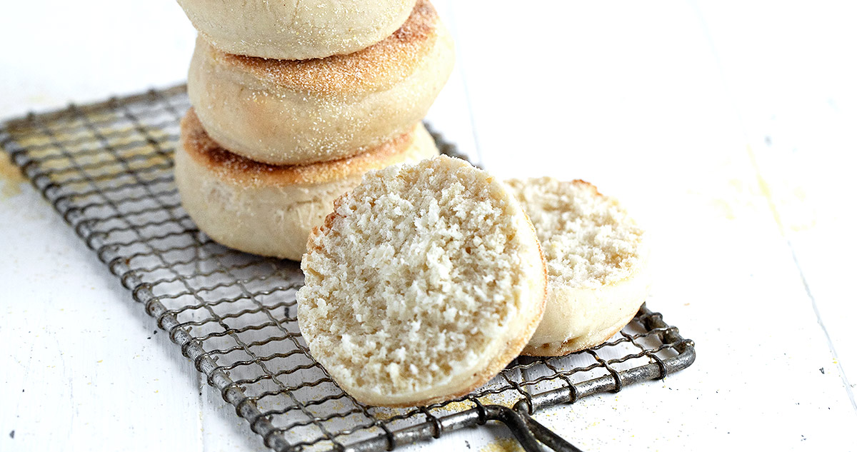 english muffins stacked with one split