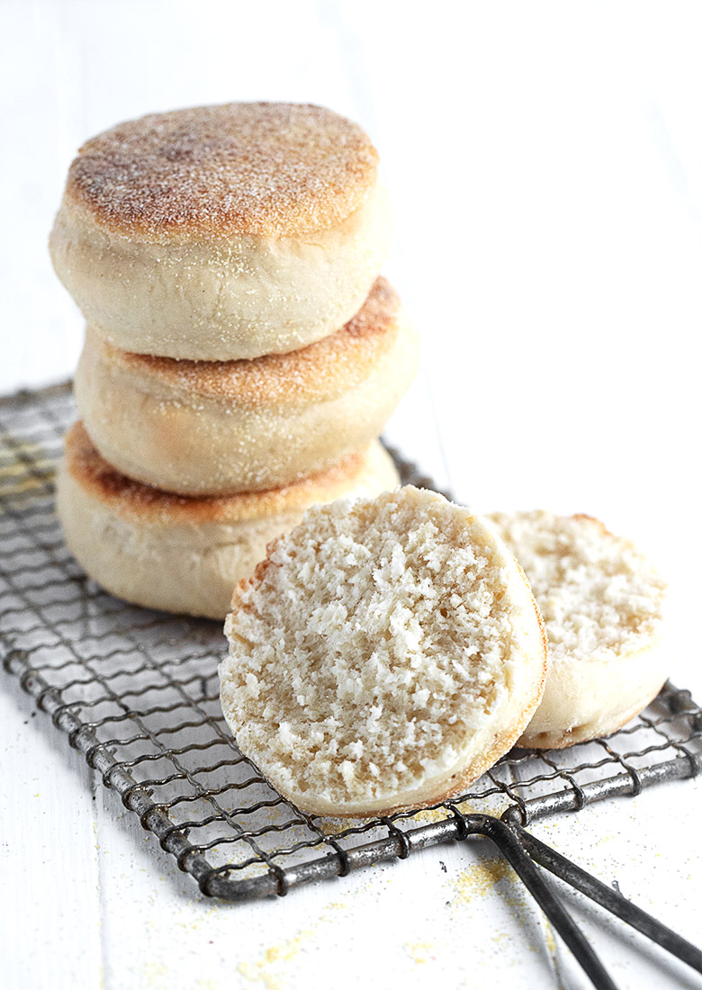 english muffins stacked with one split