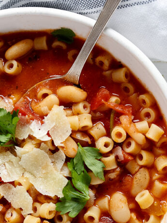 authentic pasta fagioli in bowl with spoon