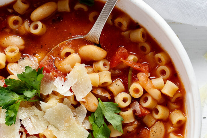authentic pasta fagioli in bowl with spoon