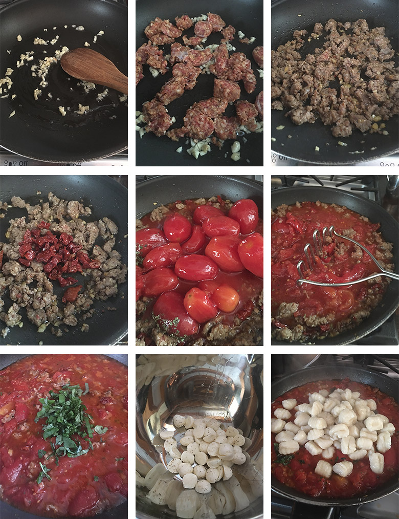 photo collage of steps to make sausage gnocchi bake