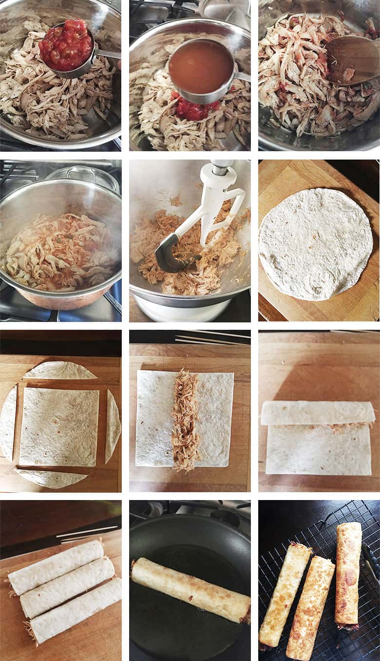 photo collage of steps to make Chicken Flautas