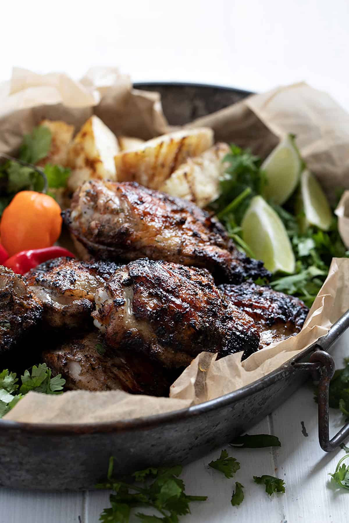 Jamaican jerk chicken on platter