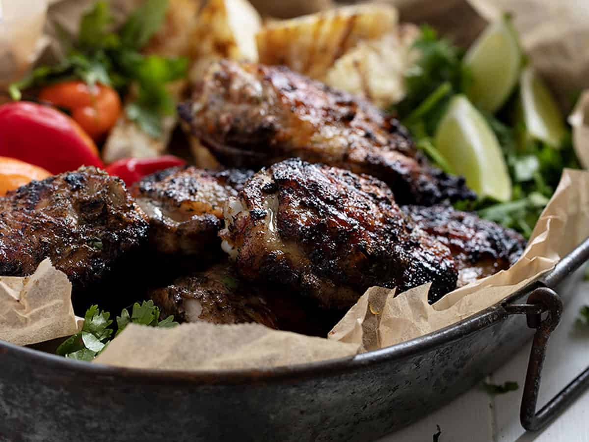 Jamaican jerk chicken on platter