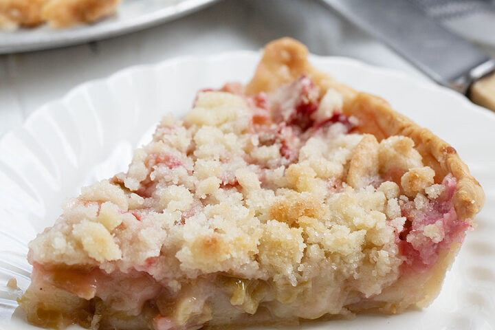 rhubarb crumble pie cut on plate