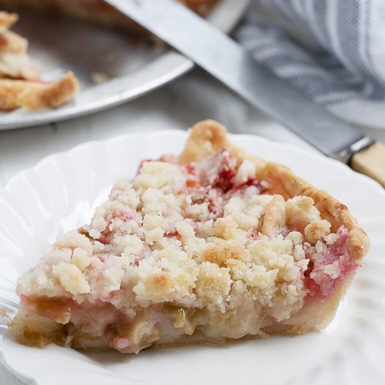 rhubarb crumble pie slice on plate