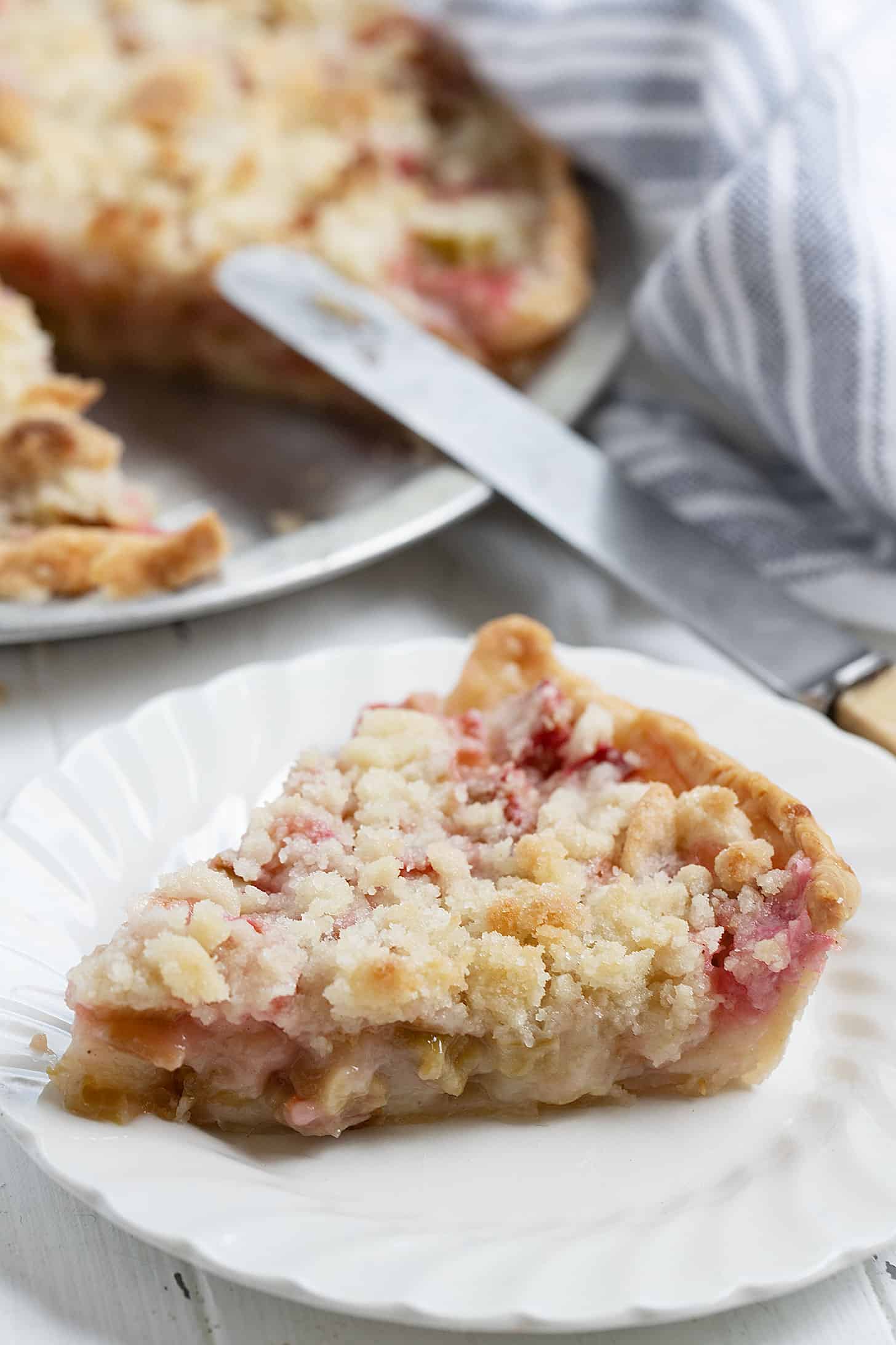 rhubarb crumble pie cut on plate