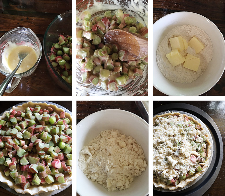 photo collage of the steps of making rhubarb crumble pie