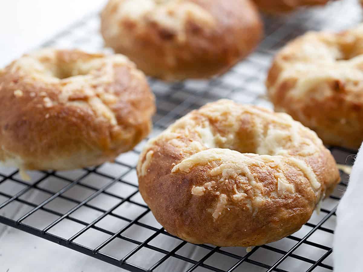 asiago sun dried tomato bagels on cooling rack