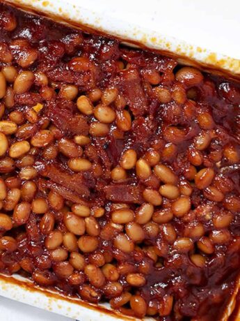 bbq baked beans with bacon in casserole dish