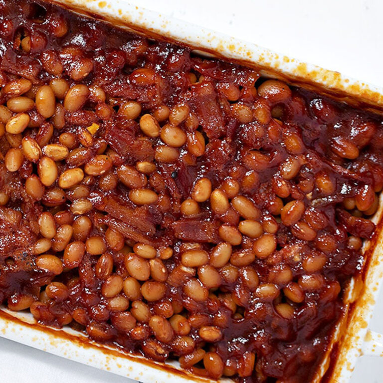 bbq baked beans with bacon in casserole dish