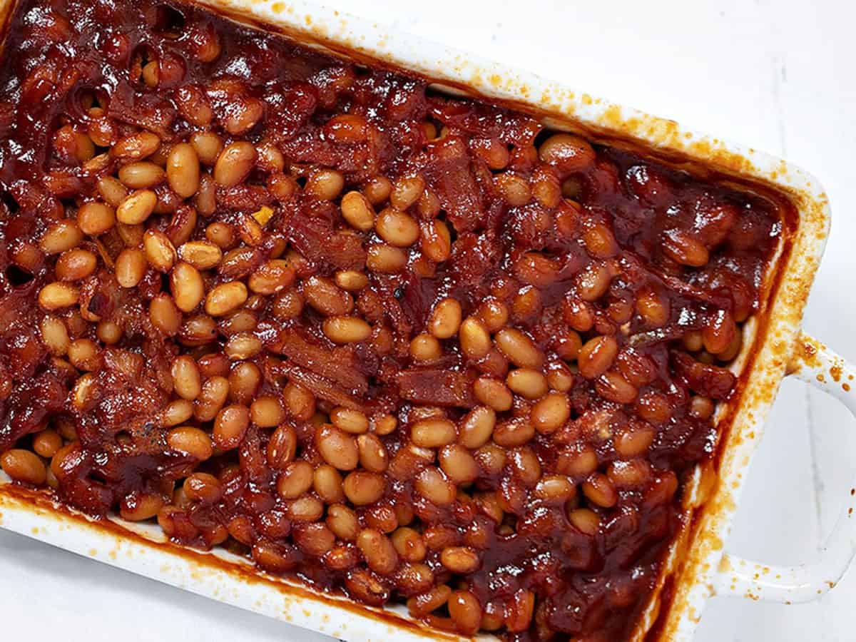 bbq baked beans with bacon in casserole dish