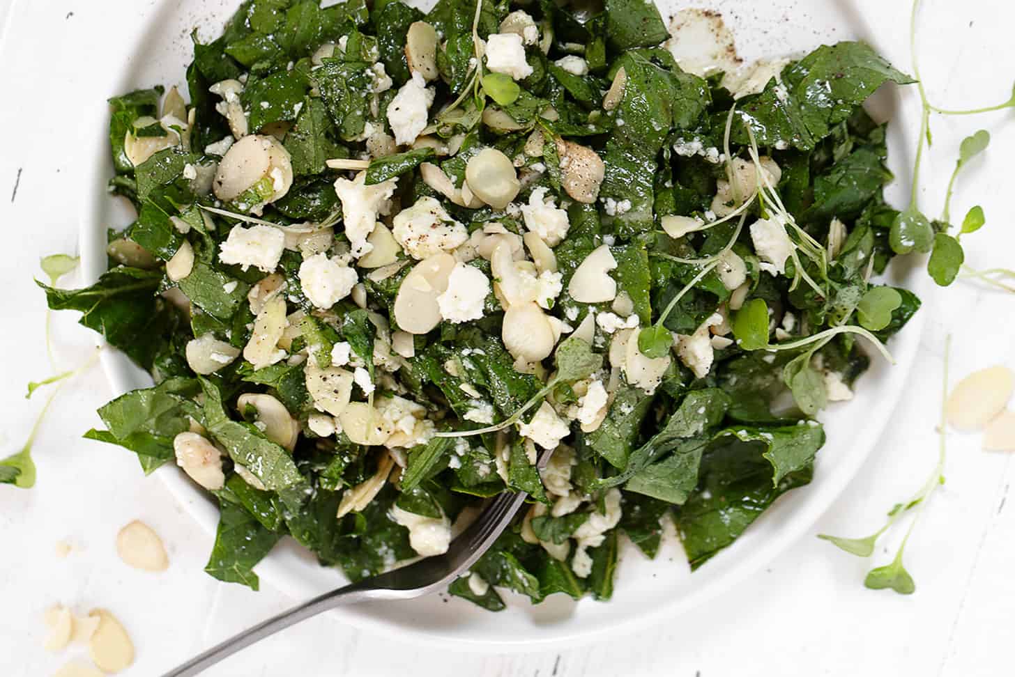 feta almond salad on plate with fork