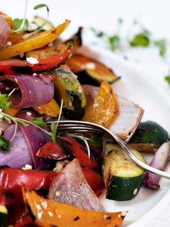 grilled vegetable salad in white bowl