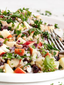 Fall farro salad on plate with forks