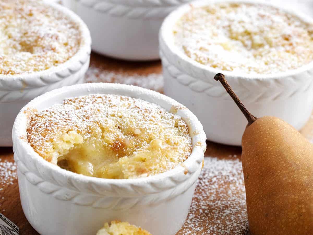 pear pudding cake in ramekins