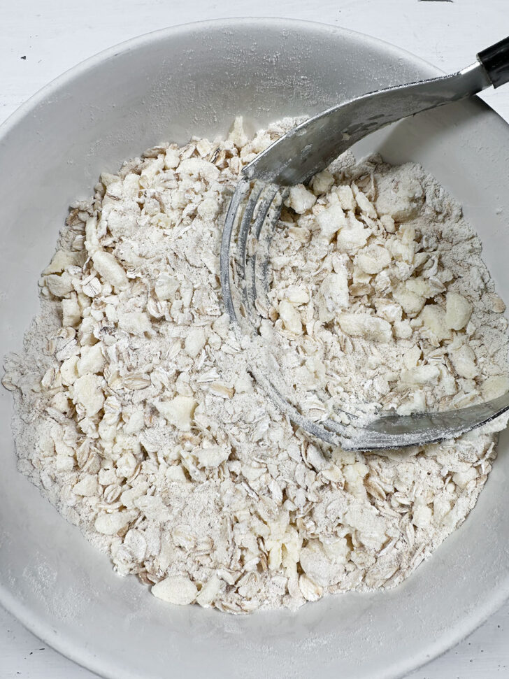 Flour and butter mixture in mixing bowl.