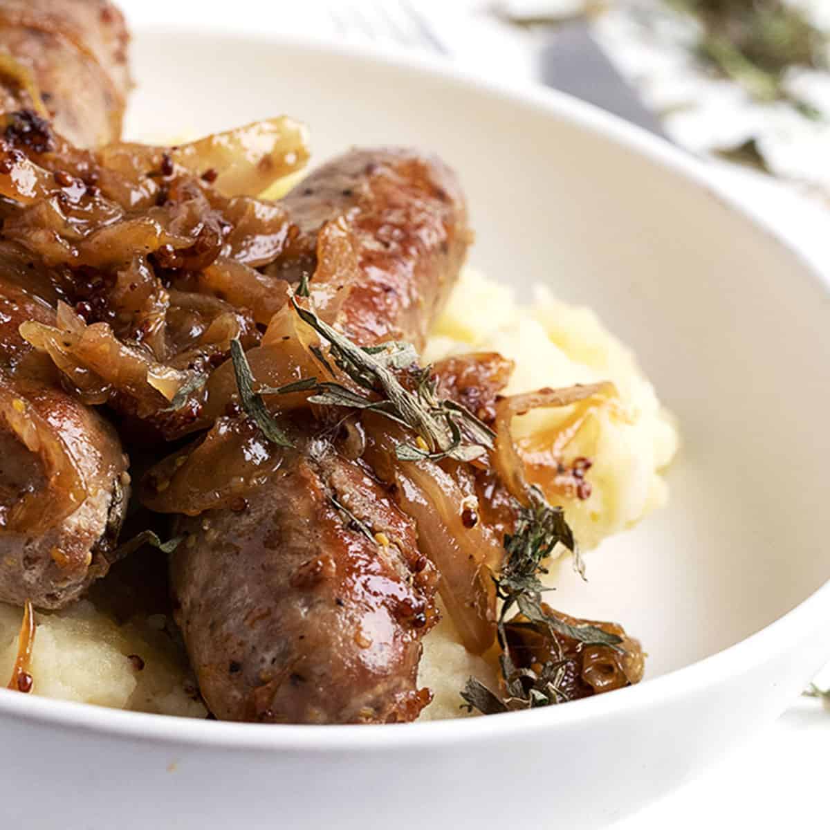 Pork Sausage with Mustard Onions and Potato Pear Mash Seasons and Suppers