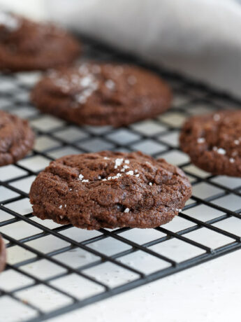 salted double chocolate cookies on cooling rack