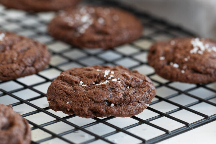 salted double chocolate cookies on cooling rack