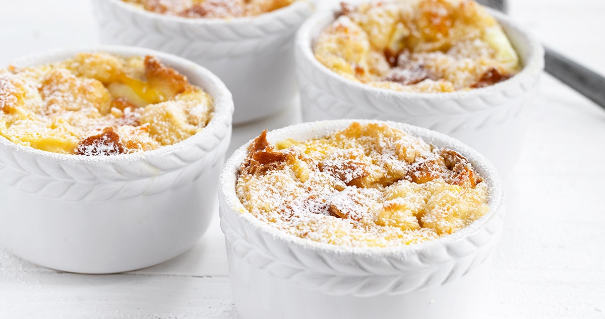 marmalade bread pudding in white ramekins