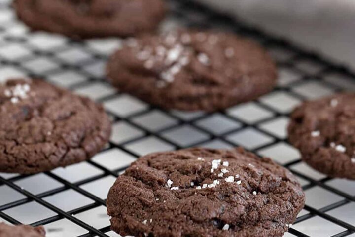 salted chocolate cookies on cooling rack