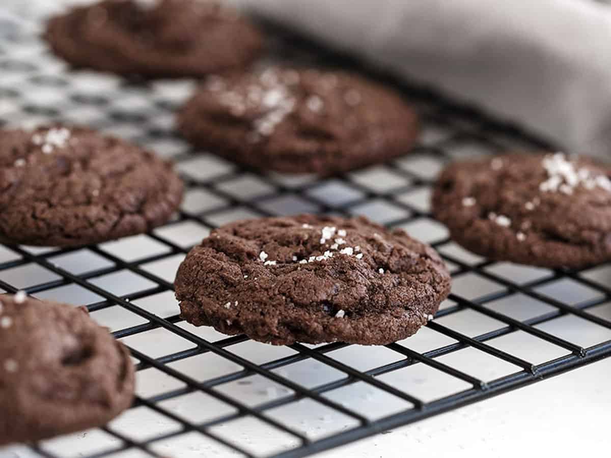 salted chocolate cookies on cooling rack