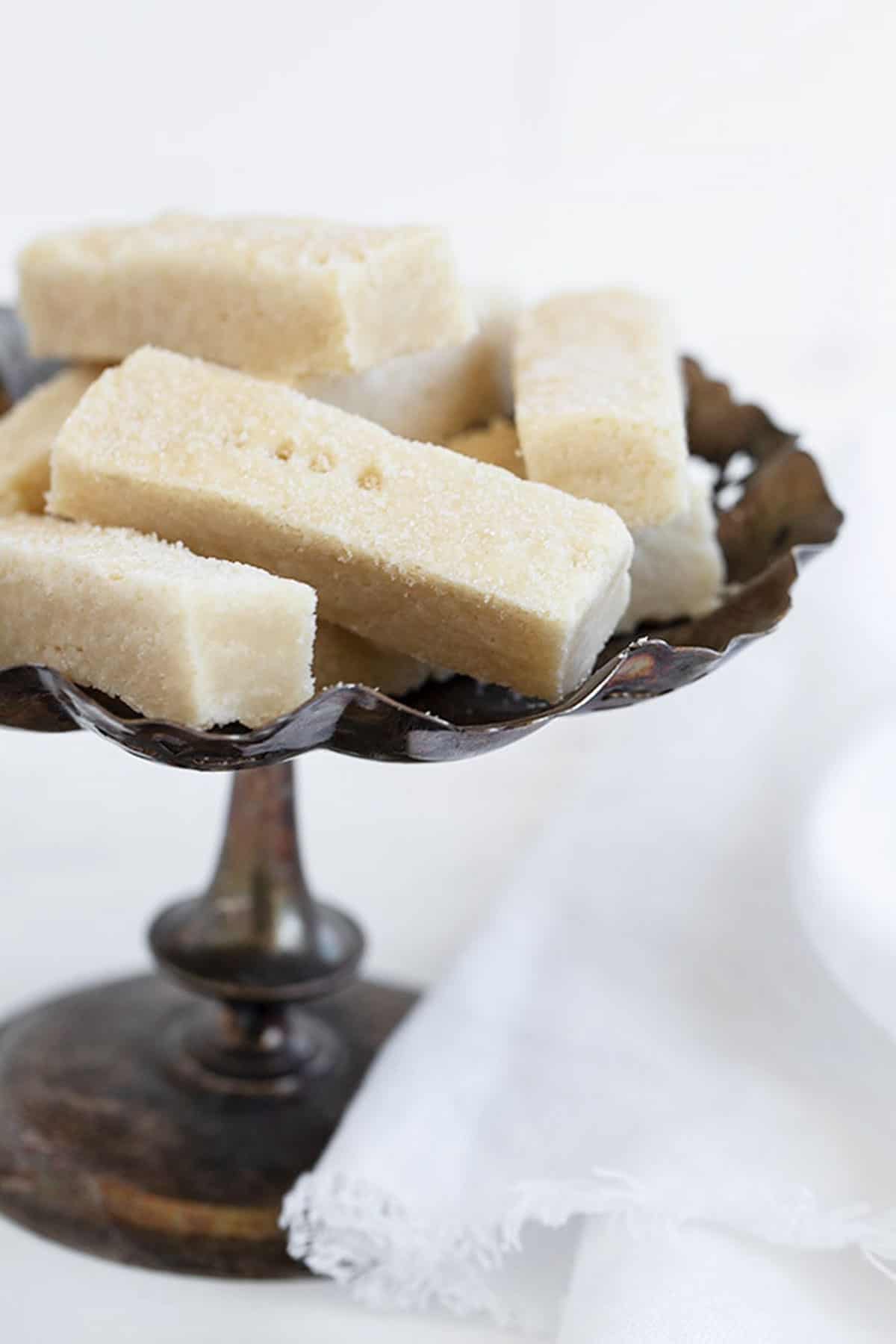 sheetpan shortbread cookies on vintage silver tray