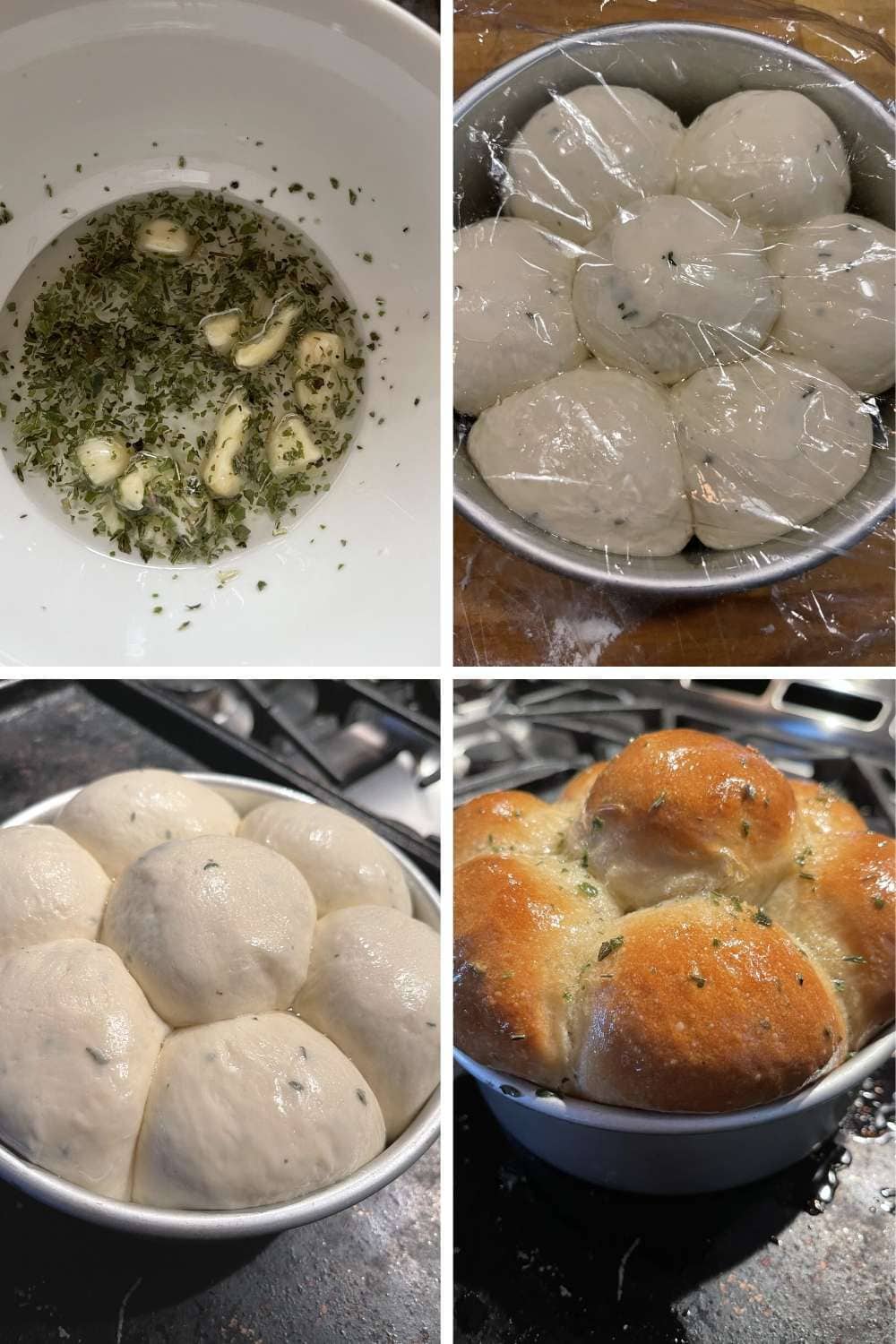 collage of making herb and garlic pull apart rolls