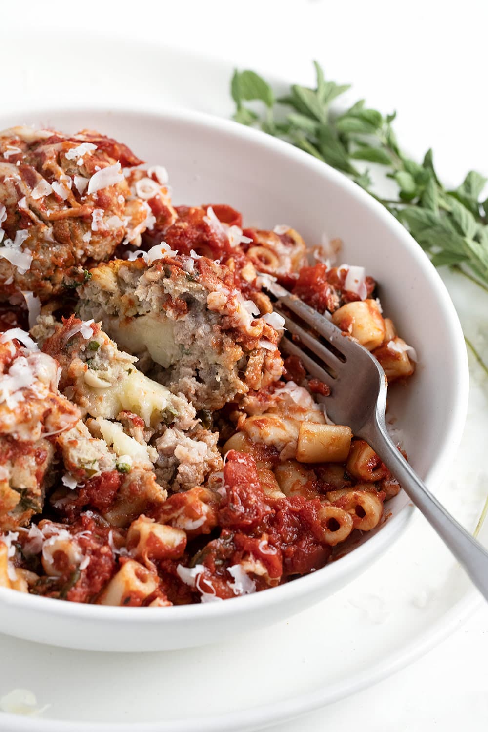 meatball and pasta bake in serving bowl