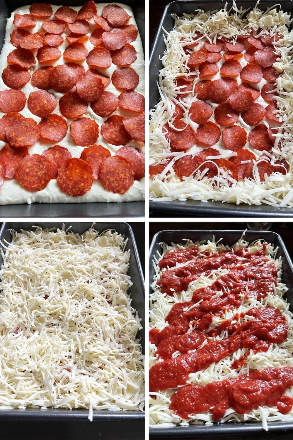 photo collage of topping Detroit style pizza