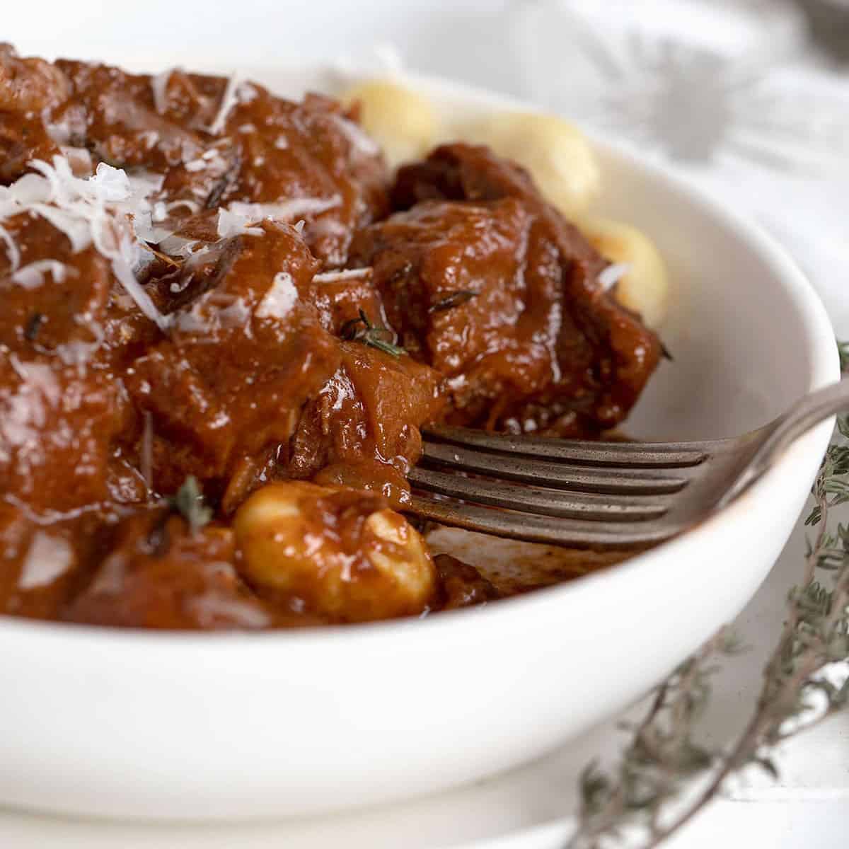 Italian Style Beef Goulash in bowl with gnocchi