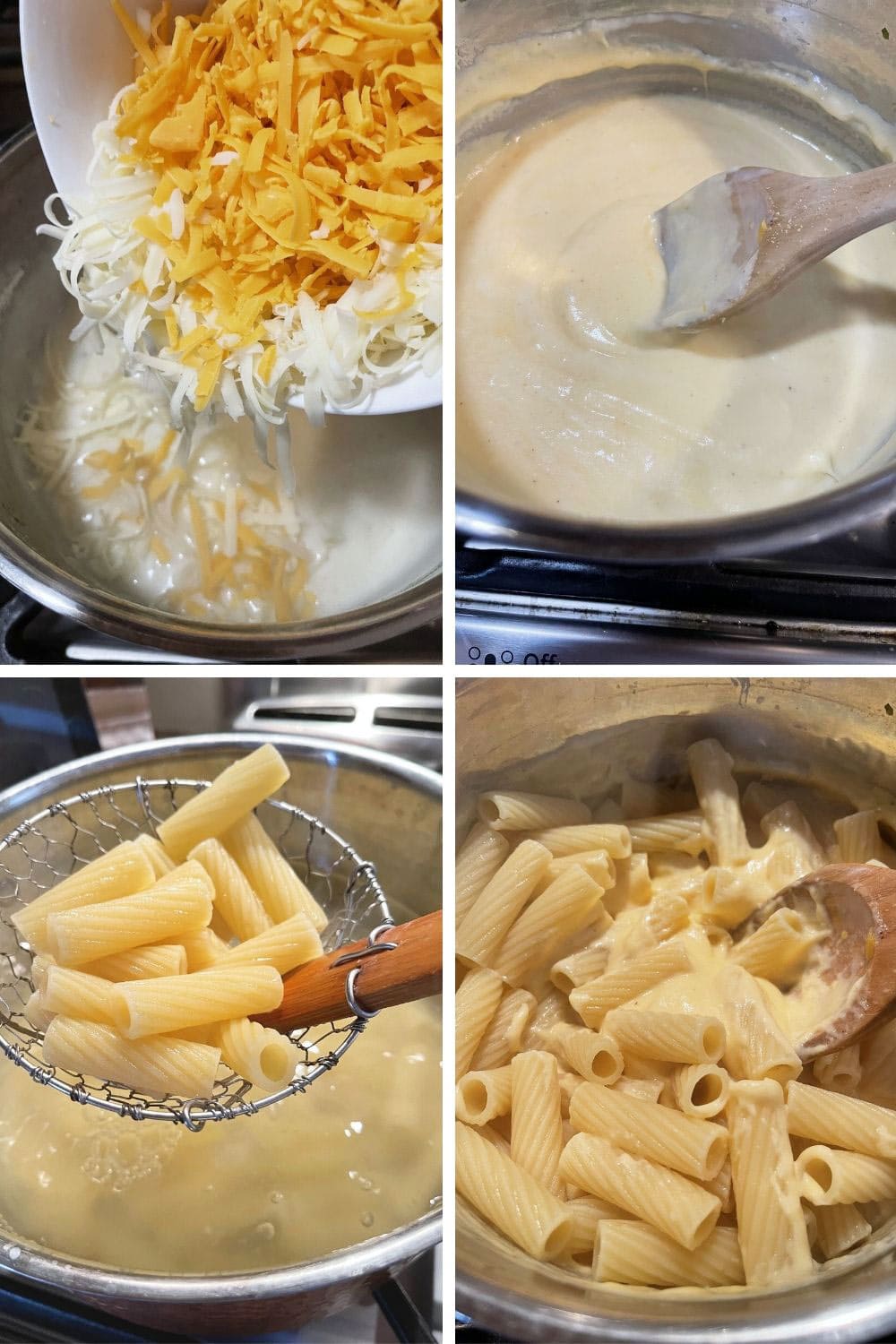 photo collage of steps to make pasta with cheese and tomatoes