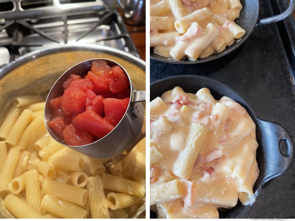 photo collage of steps to make pasta with cheese and tomatoes