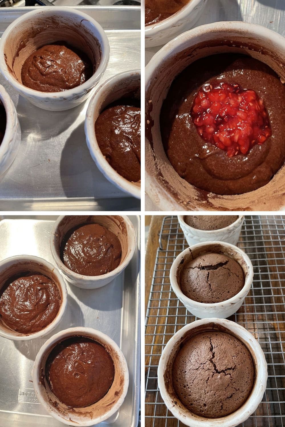 photo collage showing steps to make chocolate raspberry cakes
