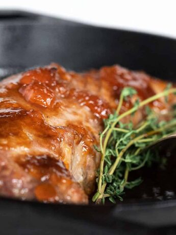 apricot mustard pork tenderloin in cast iron skillet