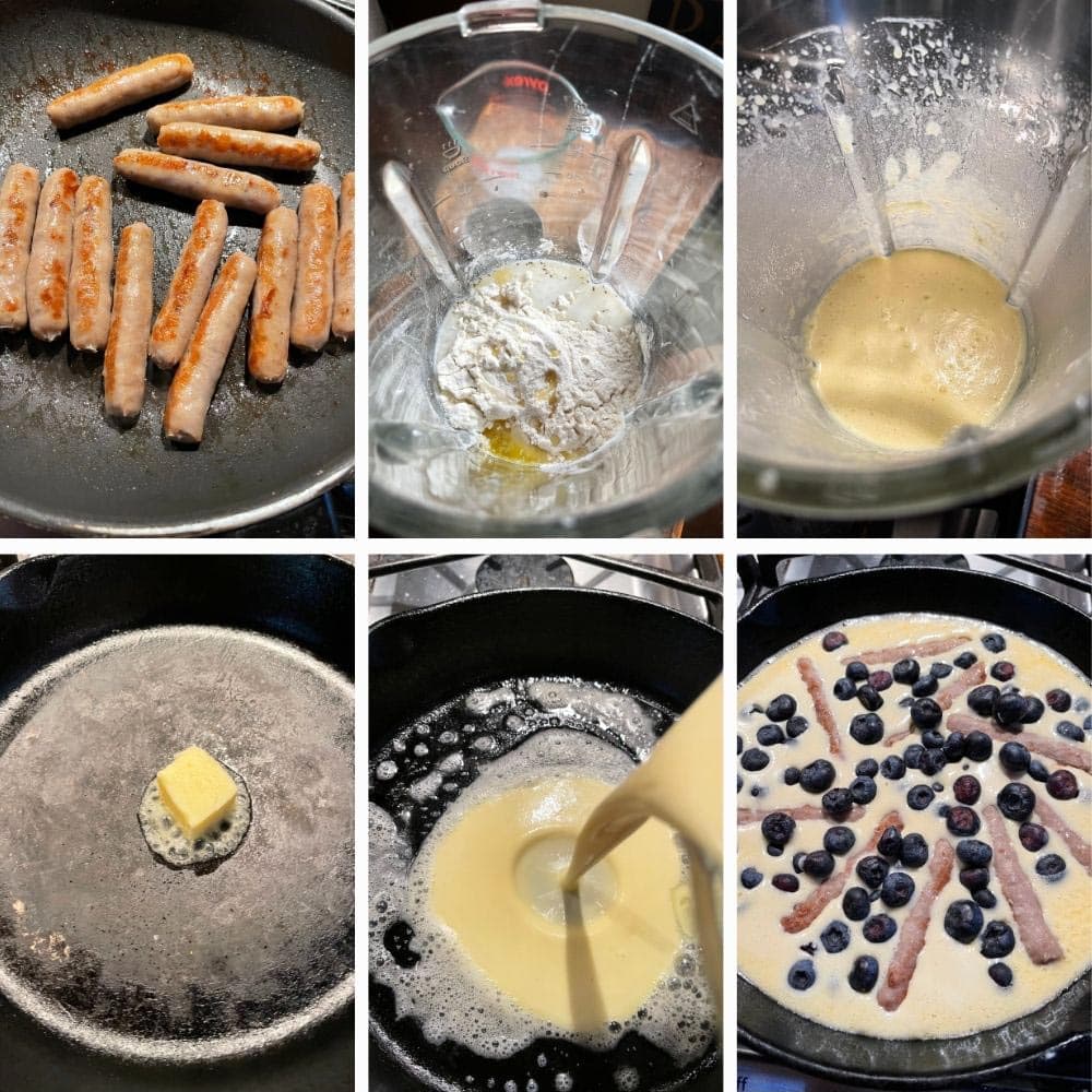 blueberry sausage Dutch baby photo collage of steps to make