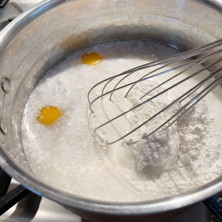 Whisking the ingredients together.