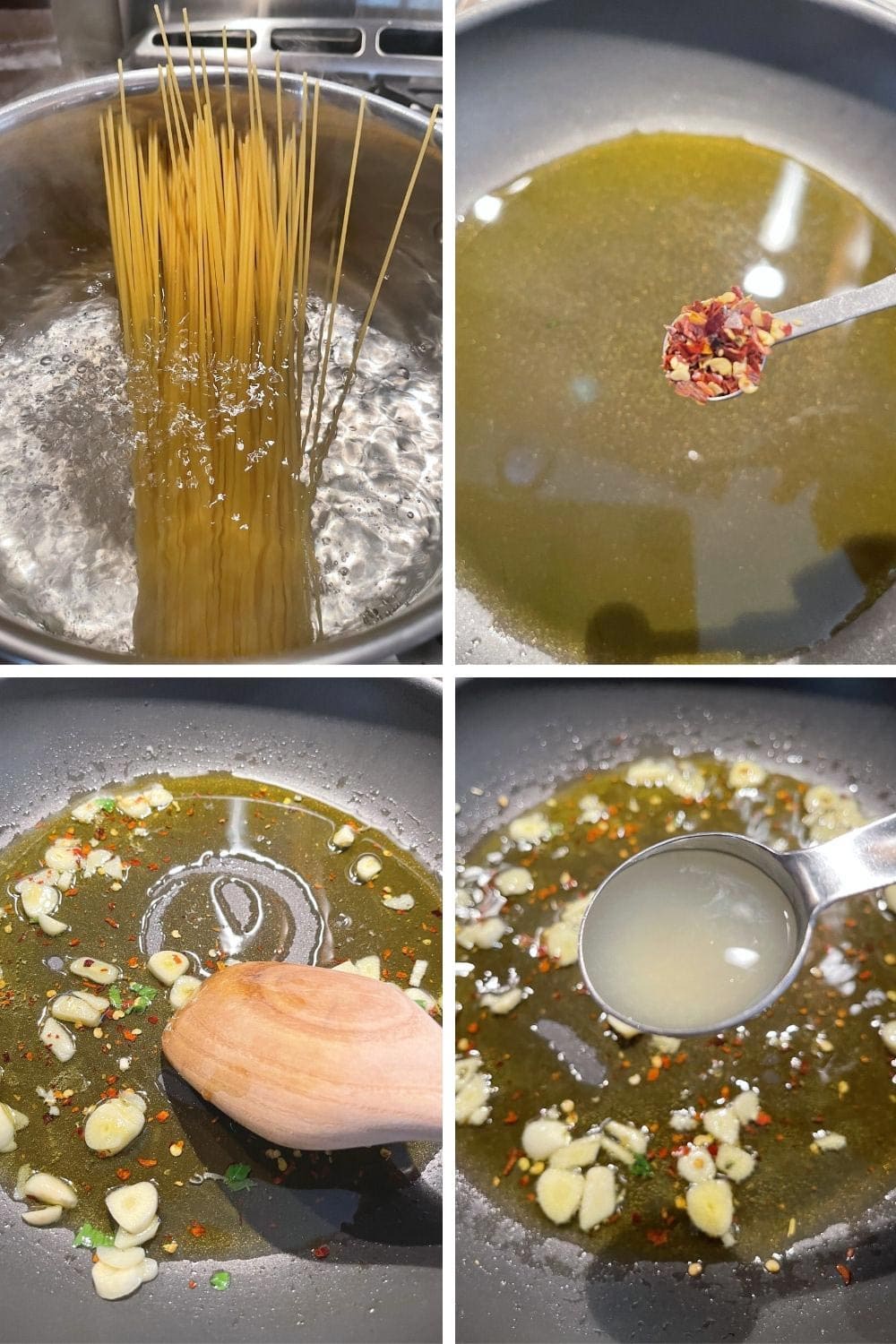 photo collage of steps to make olive oil spaghetti 1
