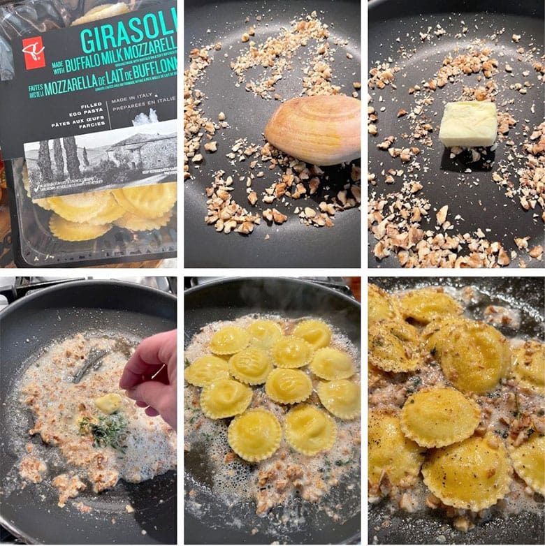 photo collage of steps to make brown butter and walnut ravioli