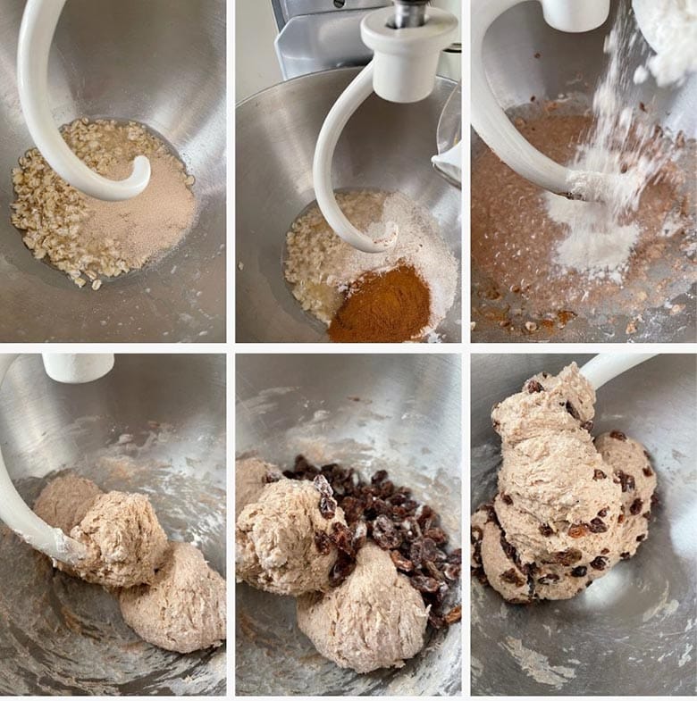 photo collage of steps to make cinnamon raisin oatmeal bread 1