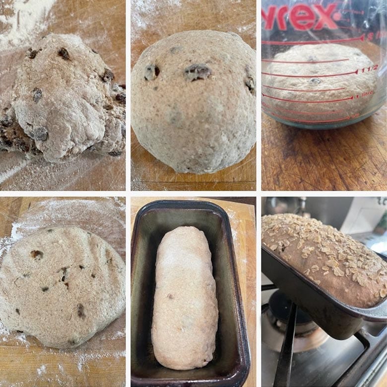 photo collage of steps to make cinnamon raisin oatmeal bread 1