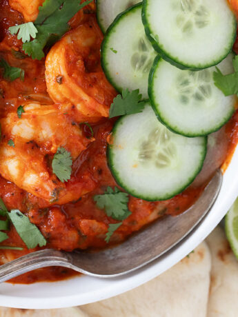Indian butter shrimp in white bowl