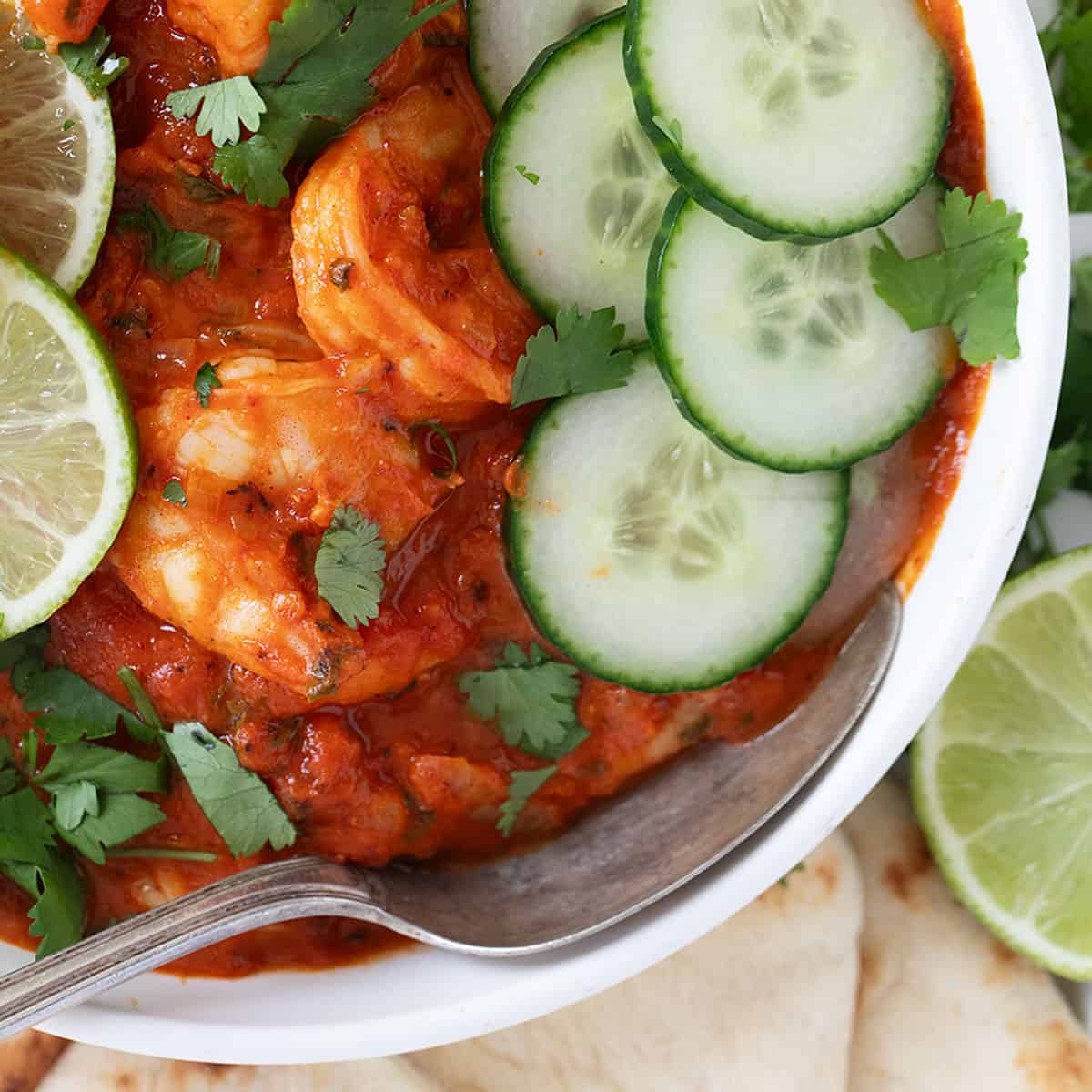 Indian butter shrimp in white bowl