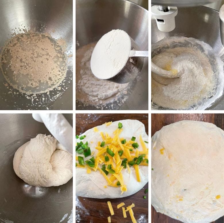 photo collage of steps to make jalapeno cheddar bagels 1