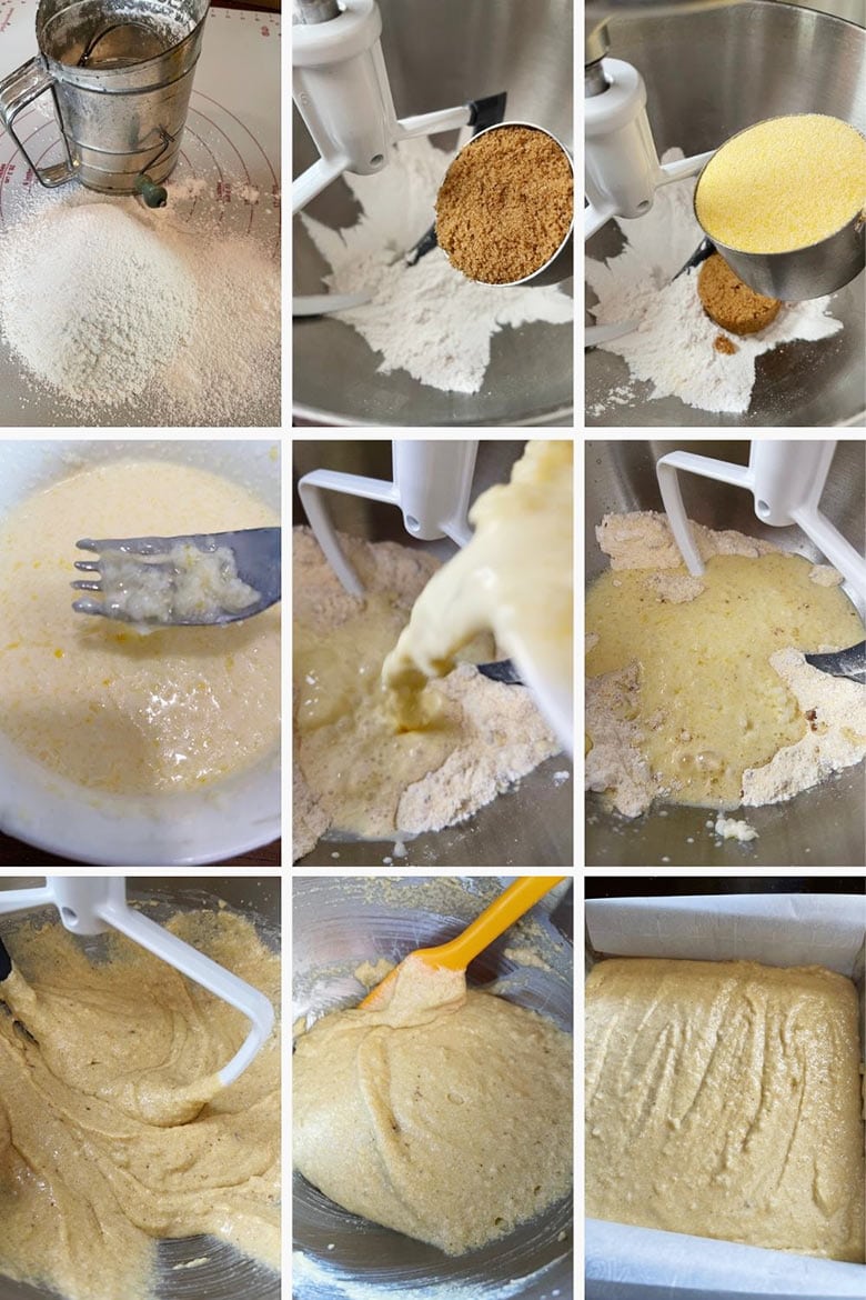 photo collage of steps to make Johnny Cake