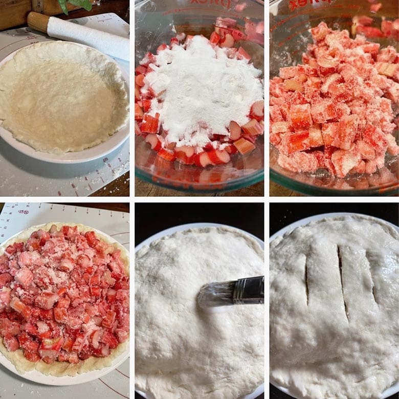 photo collage of steps to make rustic rhubarb cake 2