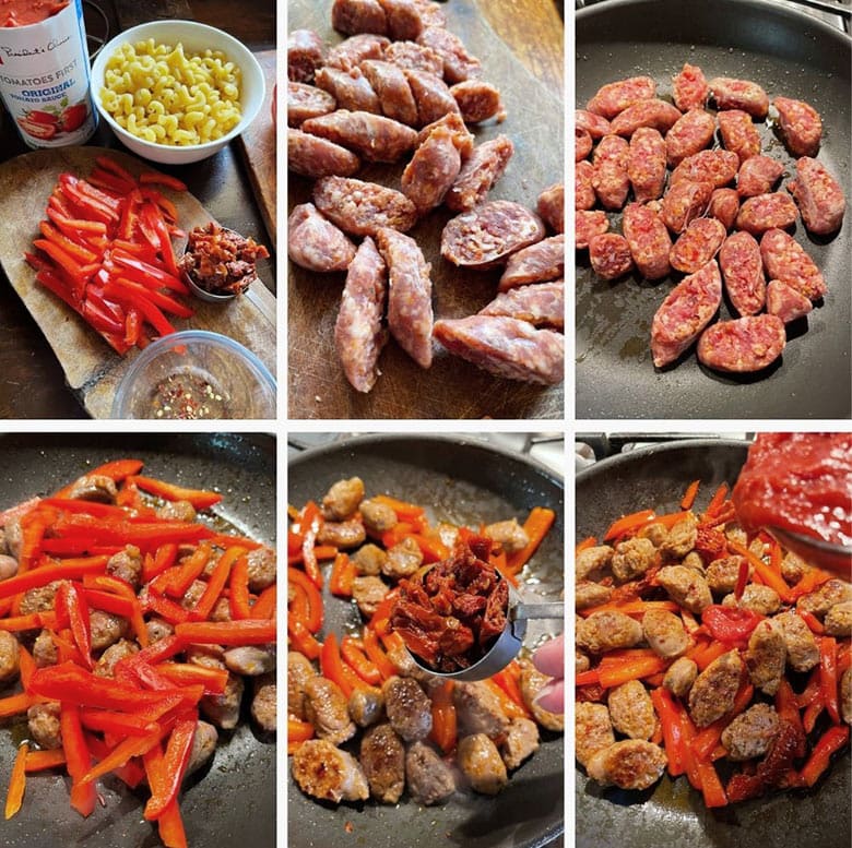 photo collage of steps to make sausage pepper pasta 1