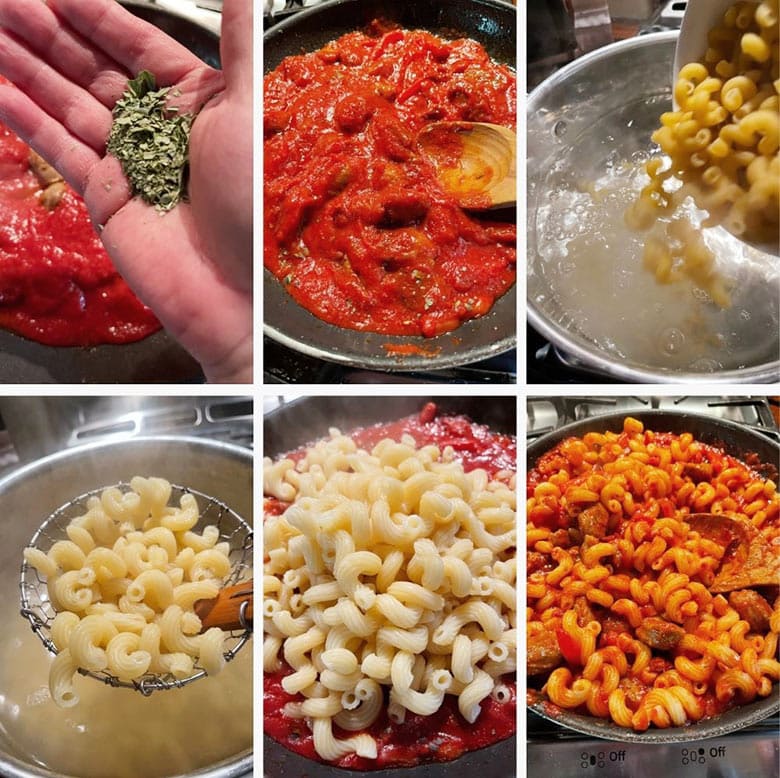 photo collage of steps to make sausage pepper pasta 1